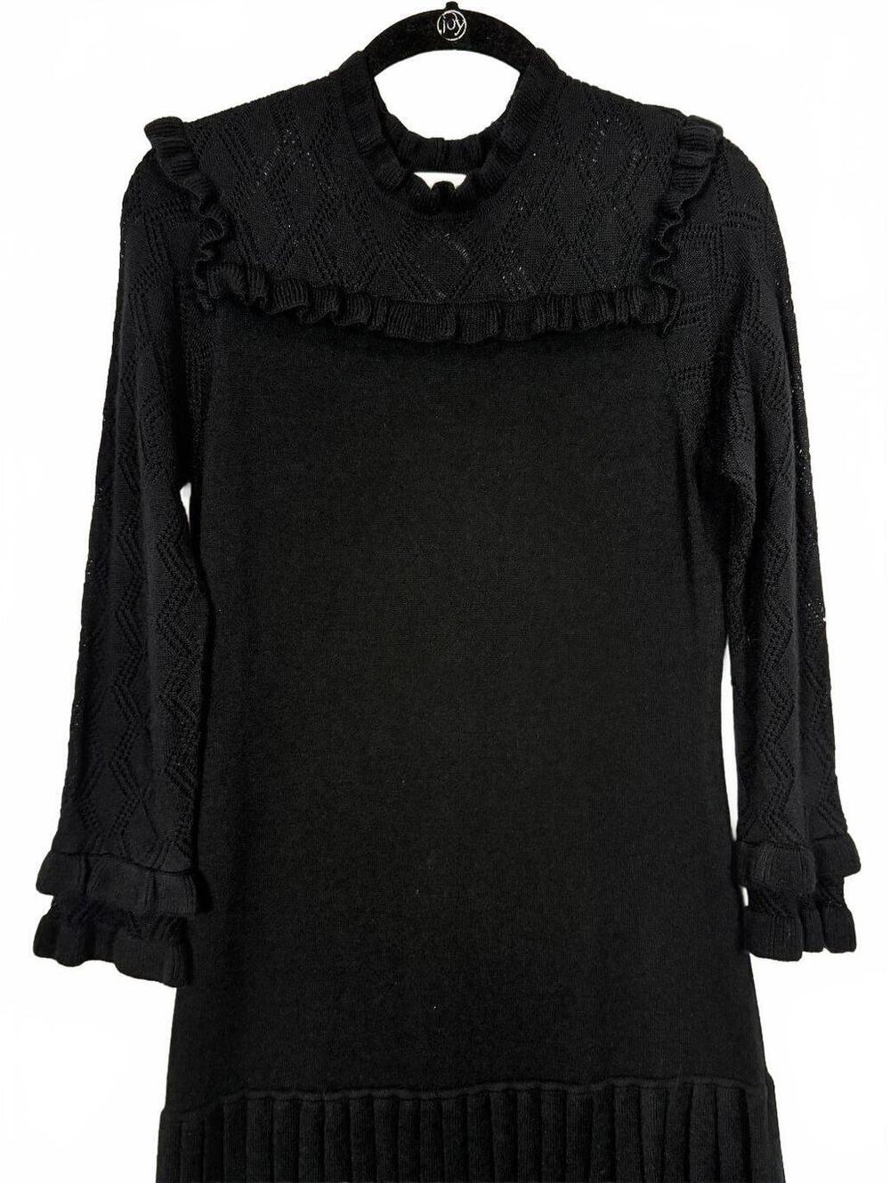 Shoshanna Black Pointelle Knit Ruffle Dress Pleated Hem Long Sleeve Medium